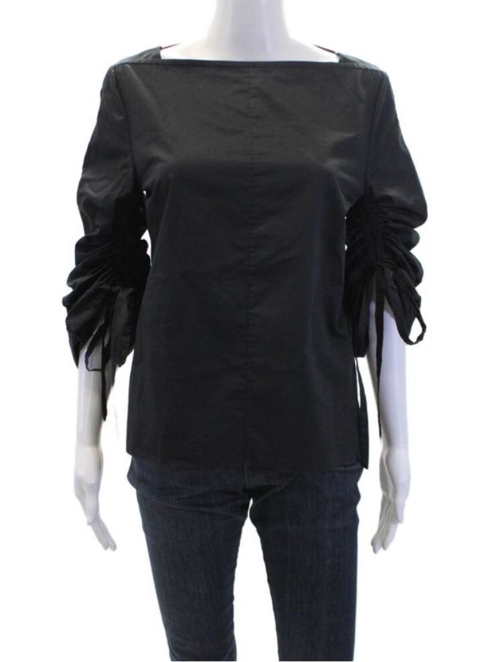 Tibi Womens Cotton Square Neck Tie Ruched Long Sleeve Blouse Top Black